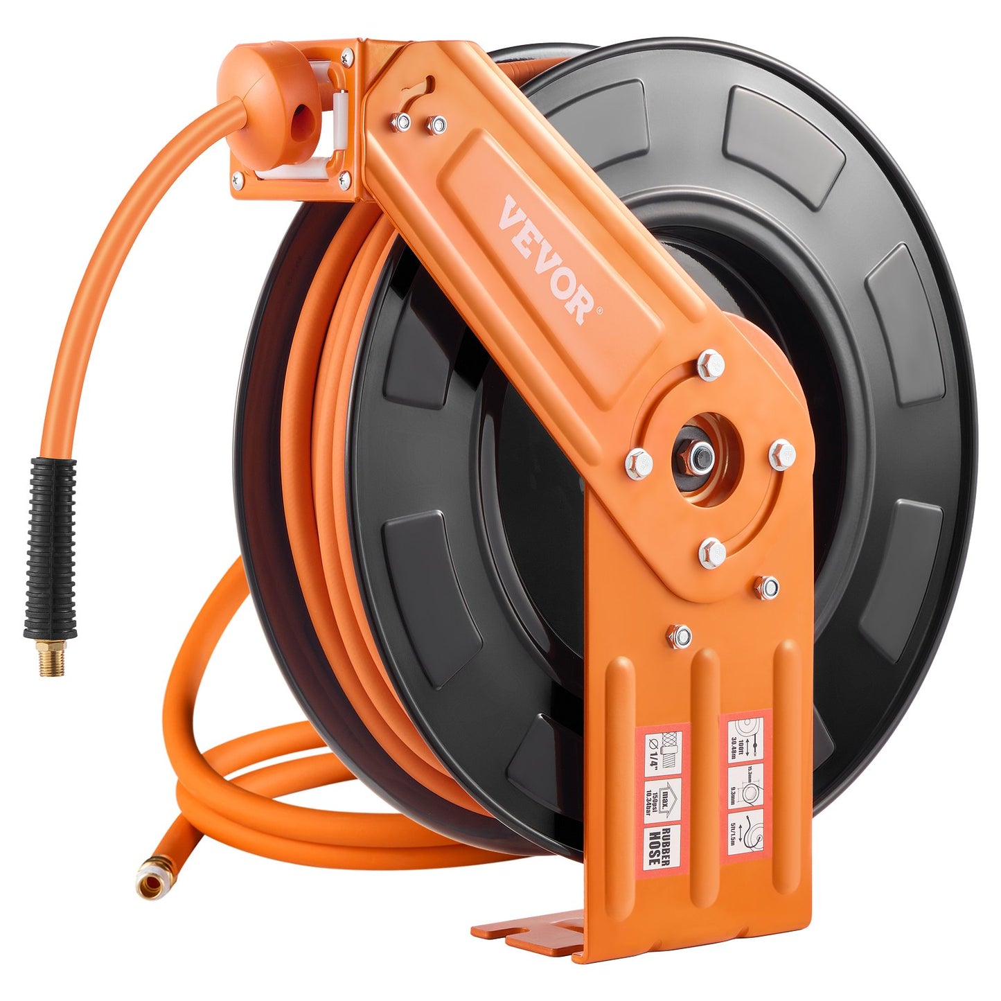 Retractable Air Hose Reel, 3/8IN x 100FT Rubber Air Hose Max 300PSI, Air Compressor Hose Reel Auto-Rewind with 5FT Lead in, Ceiling/Wall Mount Heavy Duty Single Arm Steel Reel, 1/4" NPT Fitting