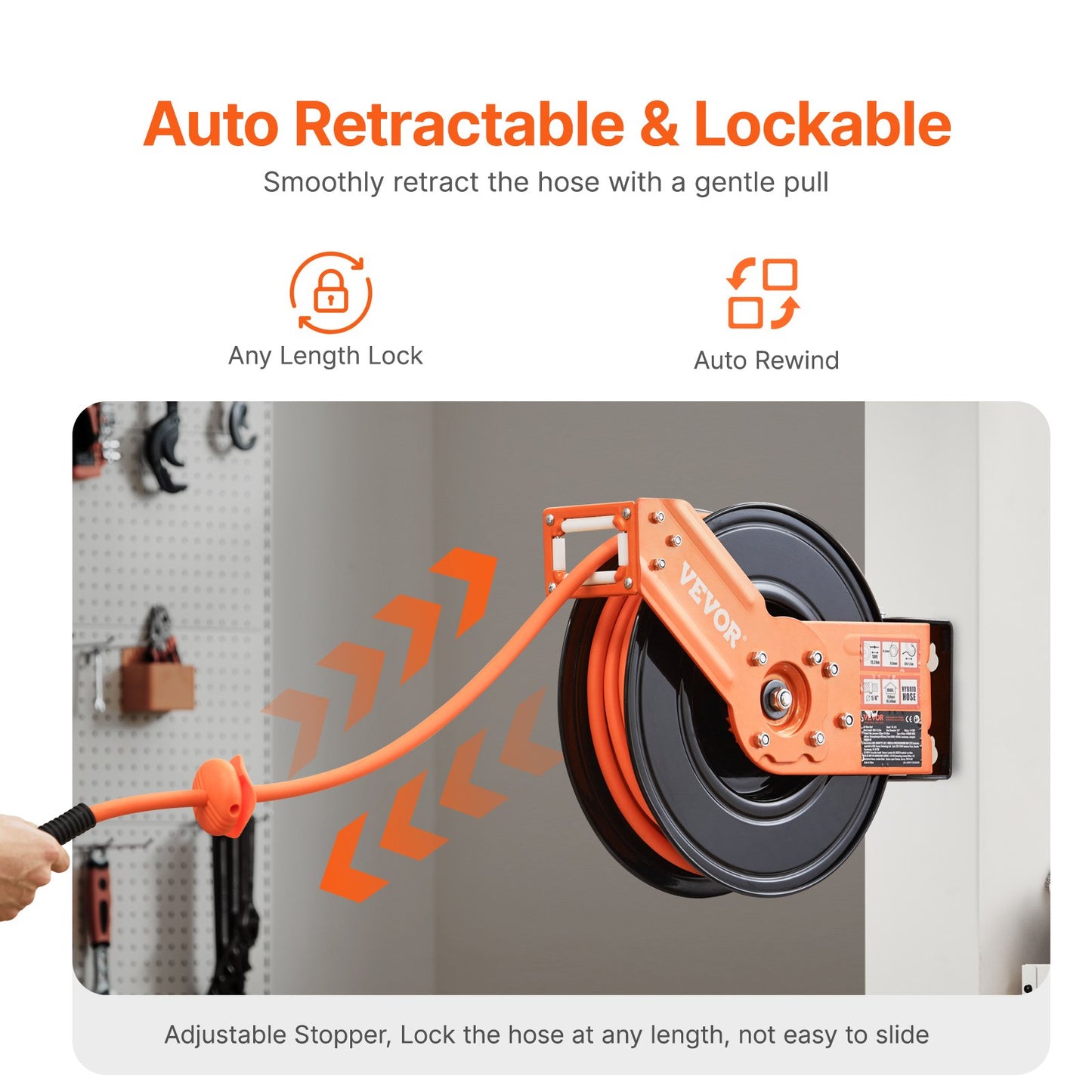 Einziehbarer Luftschlauchaufroller 3/8 Zoll x 50 Fuß Hybrid-Luftschlauchaufroller, max. 300 PSI