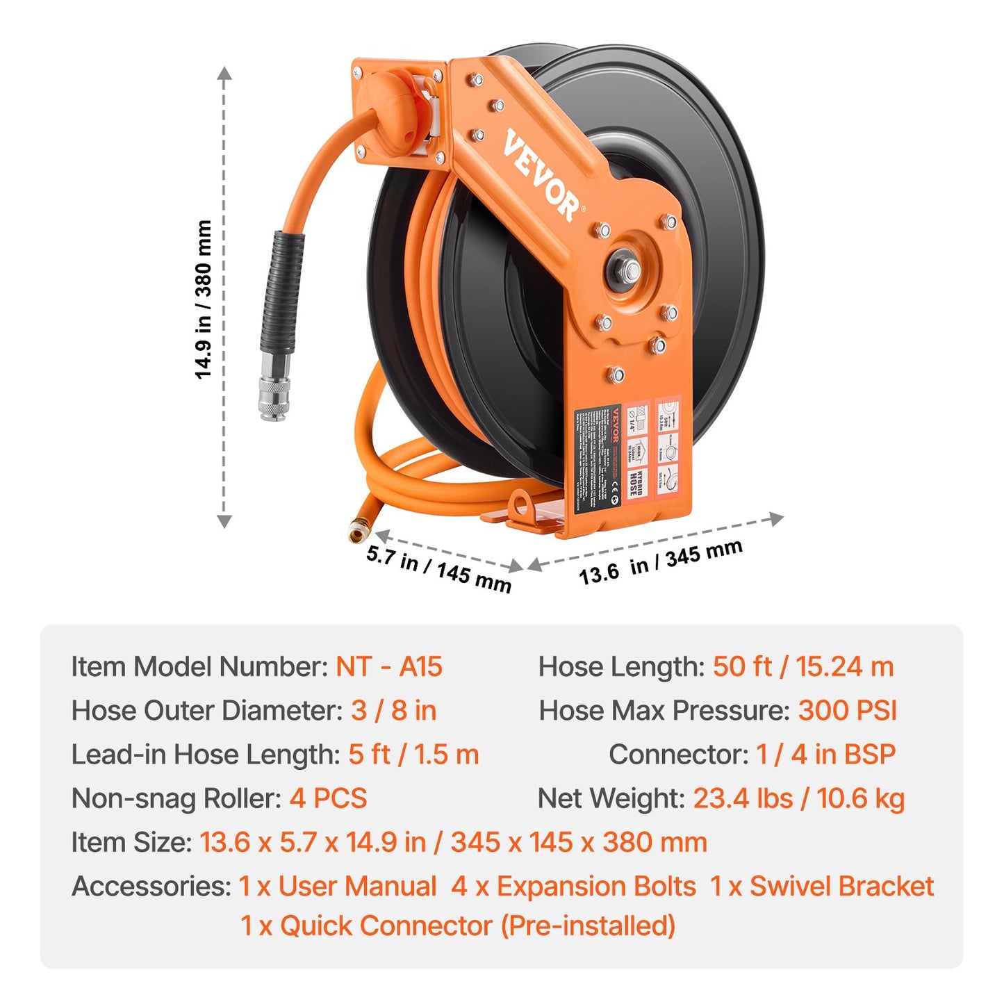 Einziehbarer Luftschlauchaufroller 3/8 Zoll x 50 Fuß Hybrid-Luftschlauchaufroller, max. 300 PSI