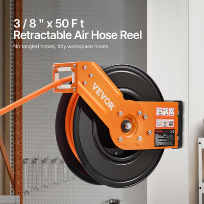 Retractable Air Hose Reel, 3/8IN x 50FT Rubber Air Hose Max 300PSI, Air Compressor Hose Reel Auto-Rewind with 5FT Lead in, Ceiling/Wall Mount Heavy Duty Single Arm Reel & 180° Swivel Bracket
