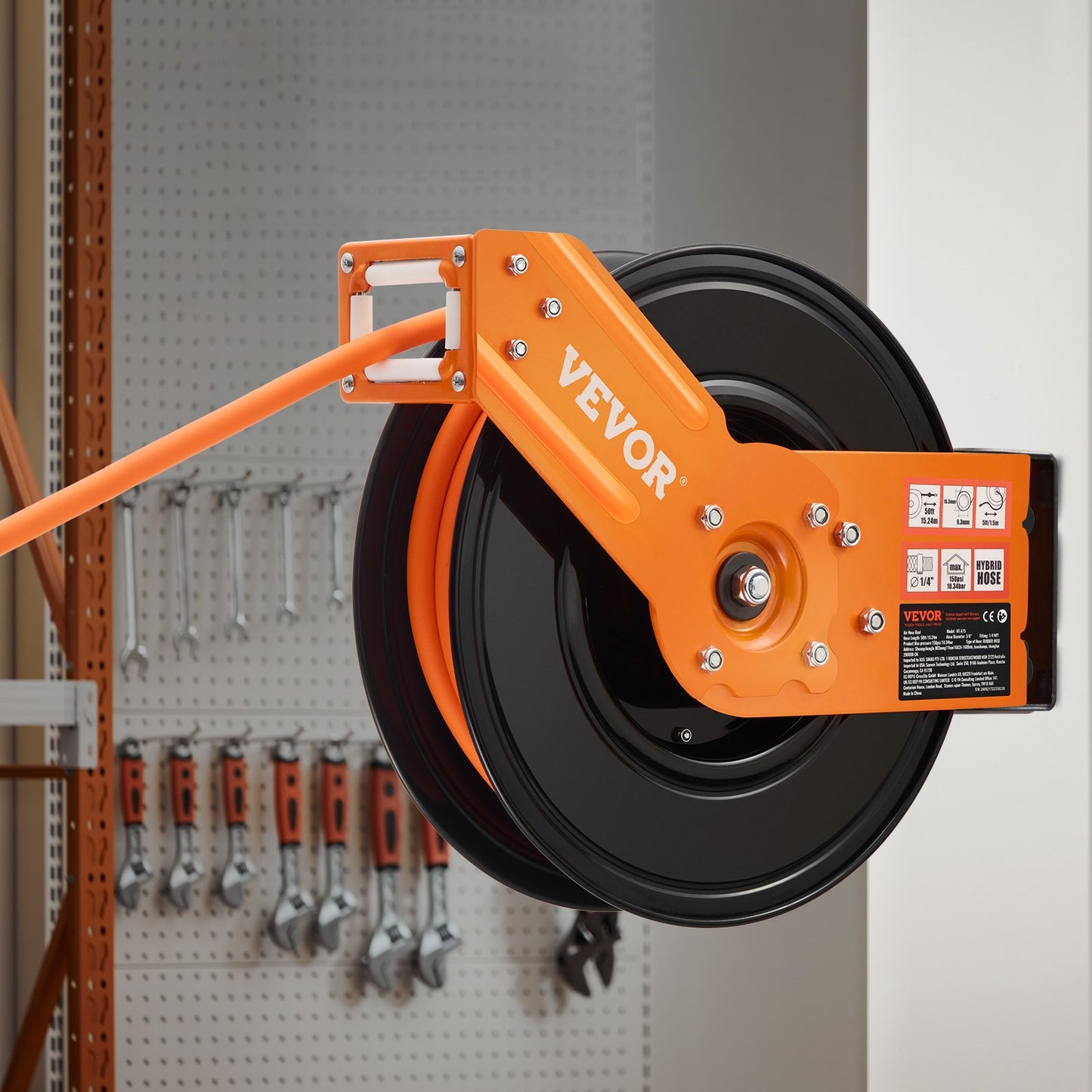 Retractable Air Hose Reel, 3/8IN x 50FT Rubber Air Hose Max 300PSI, Air Compressor Hose Reel Auto-Rewind with 5FT Lead in, Ceiling/Wall Mount Heavy Duty Single Arm Reel & 180° Swivel Bracket