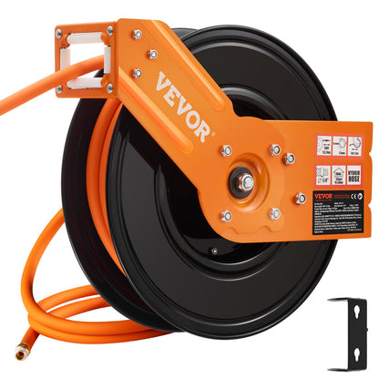 Retractable Air Hose Reel, 3/8IN x 50FT Rubber Air Hose Max 300PSI, Air Compressor Hose Reel Auto-Rewind with 5FT Lead in, Ceiling/Wall Mount Heavy Duty Single Arm Reel & 180° Swivel Bracket