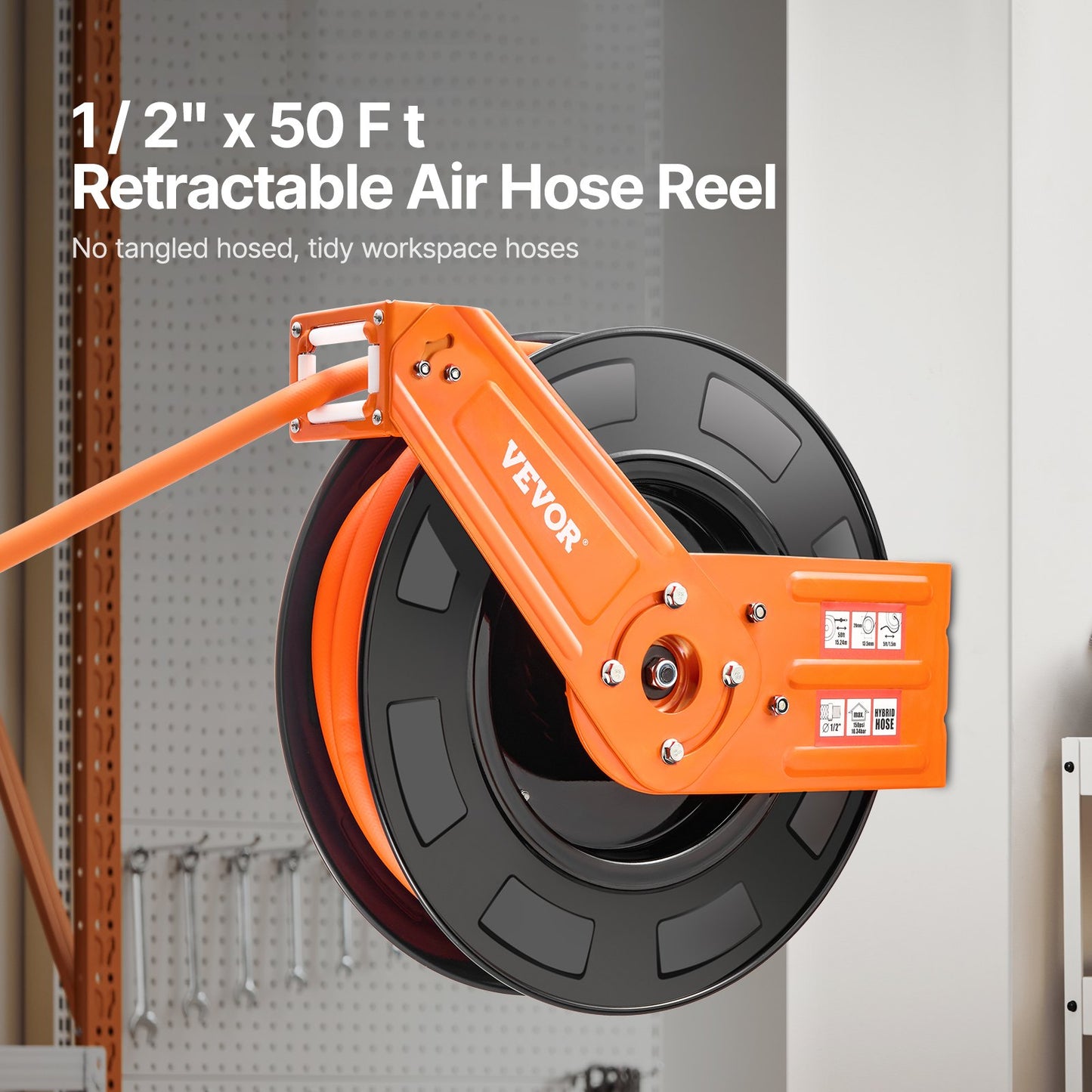 Retractable Air Hose Reel 1/2 IN x 50 FT Hybrid Air Hose Reel Max 300 PSI