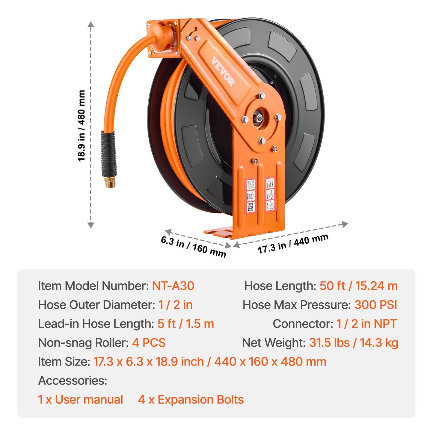 Retractable Air Hose Reel 1/2 IN x 50 FT Hybrid Air Hose Reel Max 300 PSI