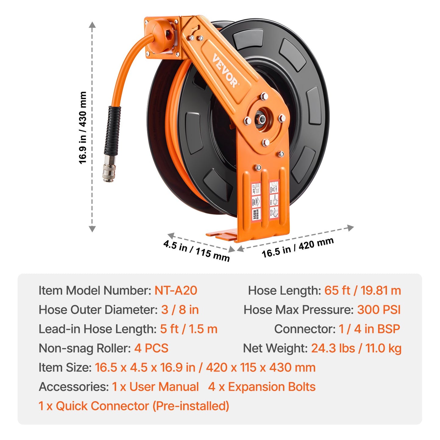 Infällbar luftslangrulle 3/8 IN x 65 FT Hybrid luftslangrulle Max 300 PSI