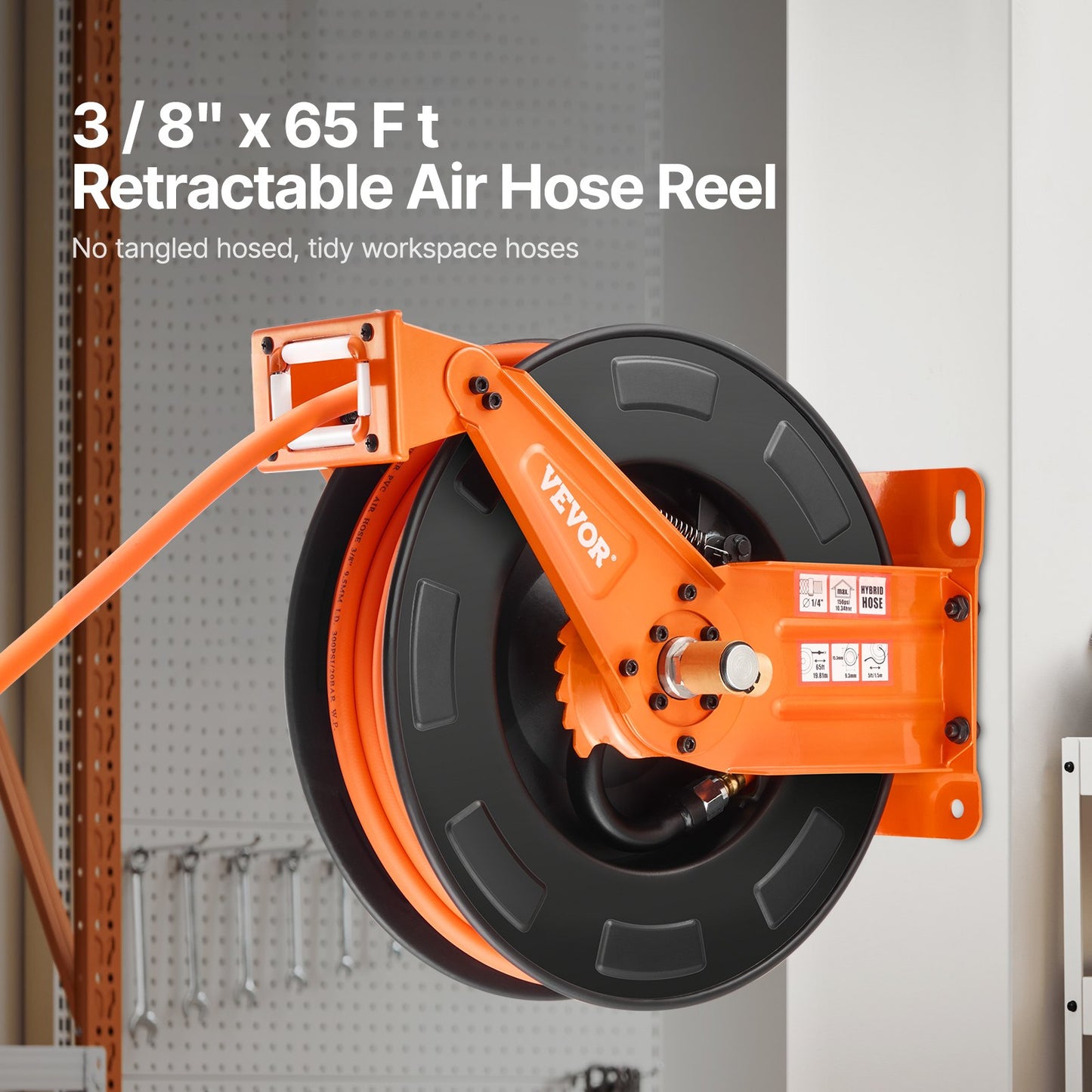 Retractable Air Hose Reel with Double Arms, 3/8 IN x 65FT Hybrid Air Hose Max 300PSI, Air Compressor Hose Reel with 5FT Lead in, Ceiling/Wall Mount Heavy Duty Steel Reel for Workshop Garage