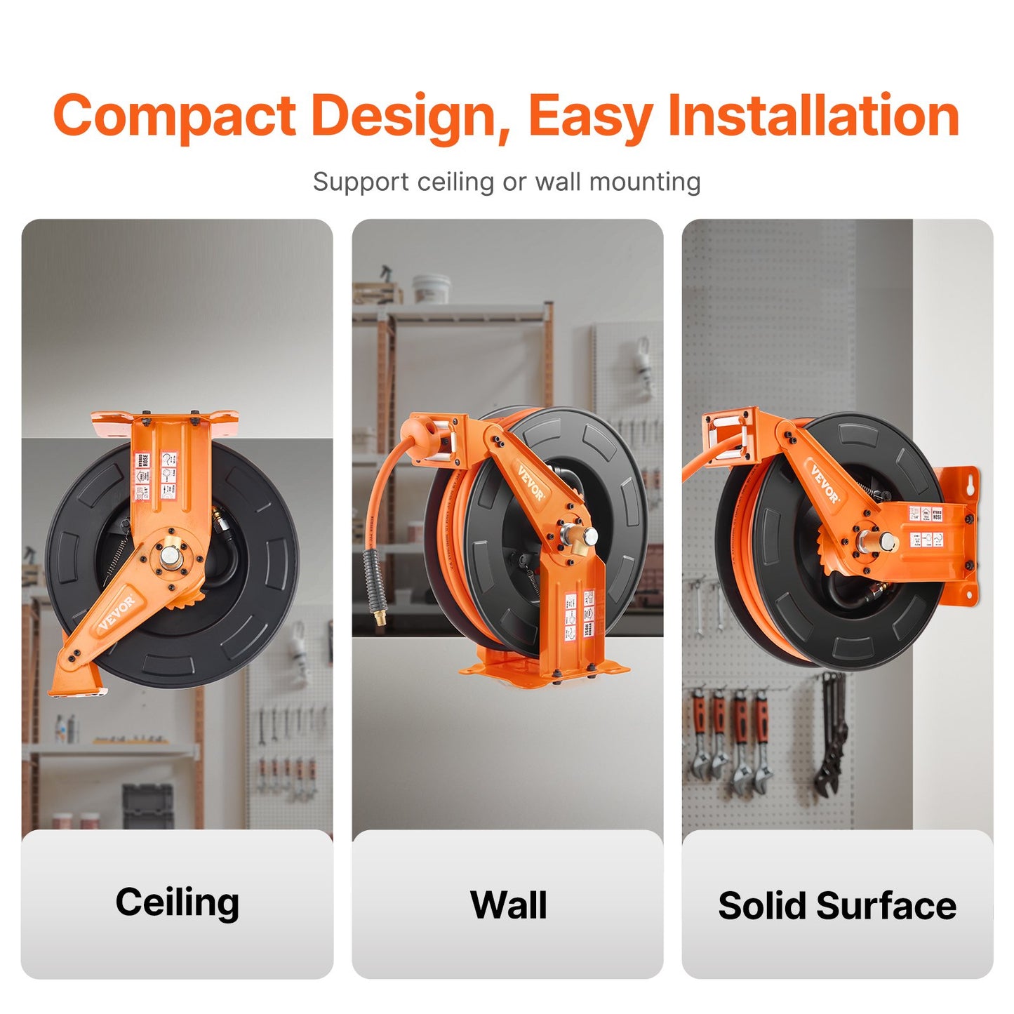 Retractable Air Hose Reel with Double Arms, 3/8 IN x 65FT Hybrid Air Hose Max 300PSI, Air Compressor Hose Reel with 5FT Lead in, Ceiling/Wall Mount Heavy Duty Steel Reel for Workshop Garage