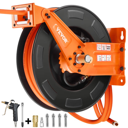 Retractable Air Hose Reel with Double Arms, 3/8 IN x 65FT Hybrid Air Hose Max 300PSI, Air Compressor Hose Reel with 5FT Lead in, Ceiling/Wall Mount Heavy Duty Steel Reel for Workshop Garage