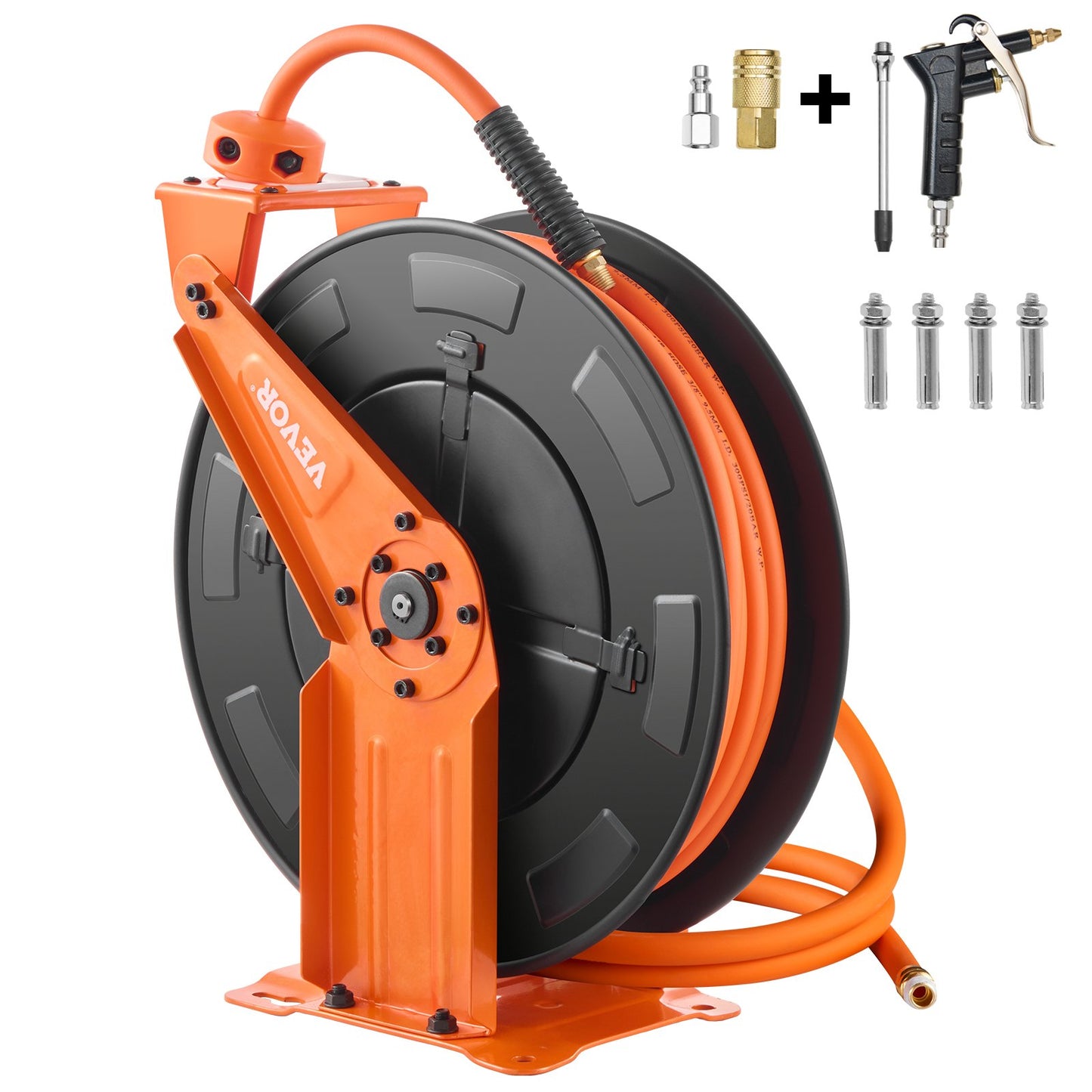 Retractable Air Hose Reel with Double Arms, 3/8 IN x 65FT Hybrid Air Hose Max 300PSI, Air Compressor Hose Reel with 5FT Lead in, Ceiling/Wall Mount Heavy Duty Steel Reel for Workshop Garage