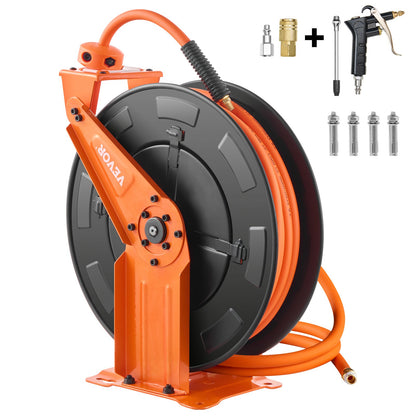 Retractable Air Hose Reel with Double Arms, 3/8 IN x 65FT Hybrid Air Hose Max 300PSI, Air Compressor Hose Reel with 5FT Lead in, Ceiling/Wall Mount Heavy Duty Steel Reel for Workshop Garage