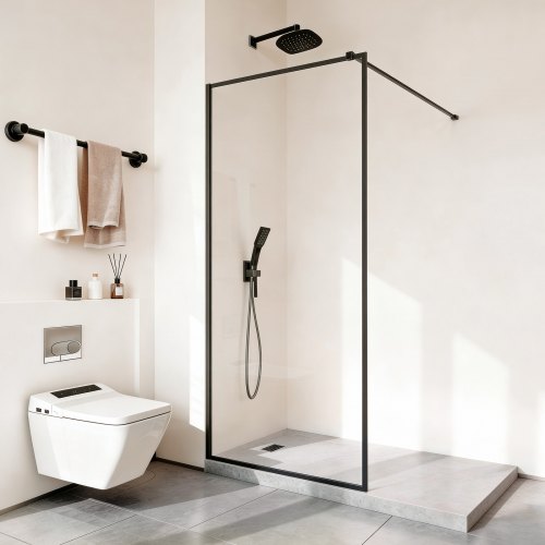 Fixed Glass Shower Panel, 34 x 73.6 in Full-Framed Fixed Shower Screen, 5/16 in Thick Clear Tempered Glass Door with Bottom Seal Strip and Hardware, Easy to Clean, for Bathroom, Matte Black