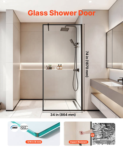 Fixed Glass Shower Panel, 34 x 73.6 in Full-Framed Fixed Shower Screen, 5/16 in Thick Clear Tempered Glass Door with Bottom Seal Strip and Hardware, Easy to Clean, for Bathroom, Matte Black