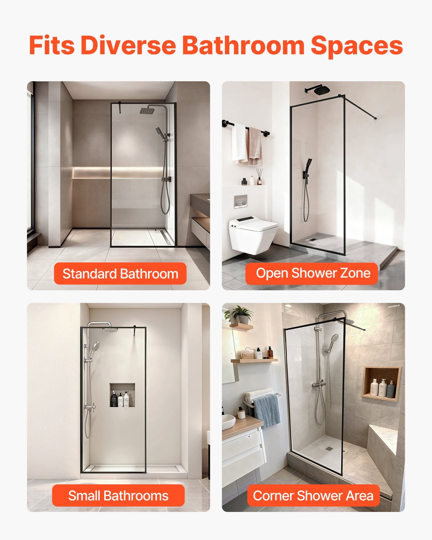 Fixed Glass Shower Panel, 34 x 73.6 in Full-Framed Fixed Shower Screen, 5/16 in Thick Clear Tempered Glass Door with Bottom Seal Strip and Hardware, Easy to Clean, for Bathroom, Matte Black