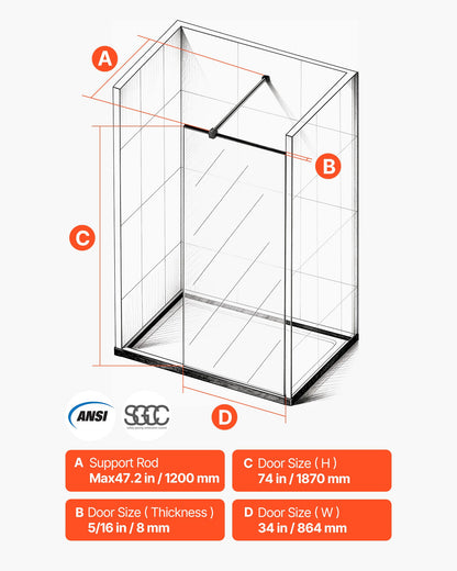 Fixed Glass Shower Panel, 34 x 73.6 in Full-Framed Fixed Shower Screen, 5/16 in Thick Clear Tempered Glass Door with Bottom Seal Strip and Hardware, Easy to Clean, for Bathroom, Matte Black