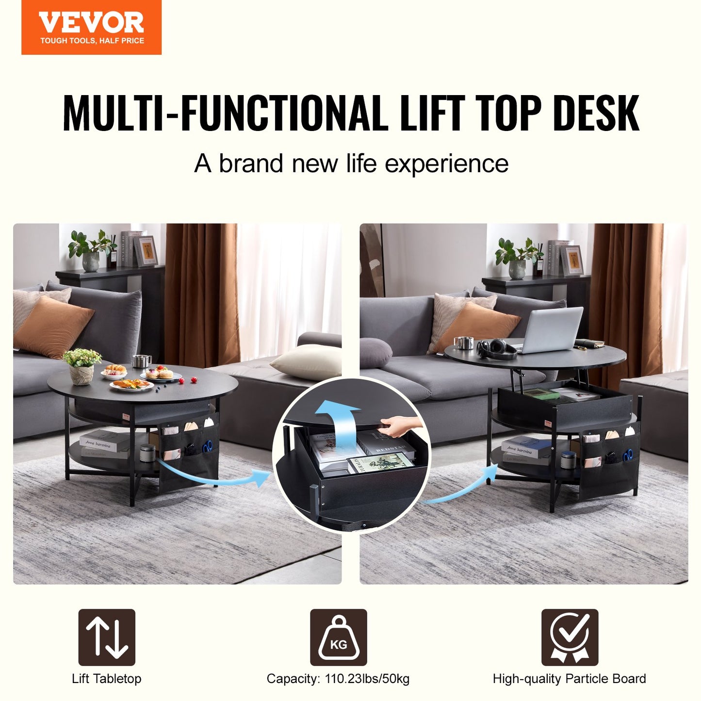 Lift Top Couchtisch 35,3" Runder Couchtisch für Wohnzimmer Schwarz