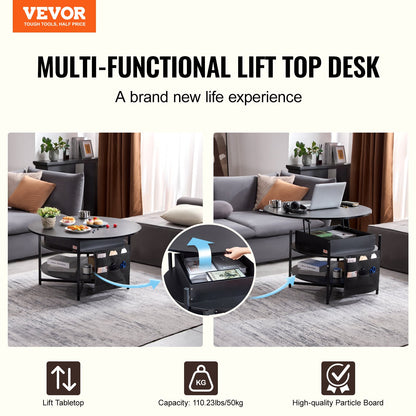 Lift Top Couchtisch 35,3" Runder Couchtisch für Wohnzimmer Schwarz