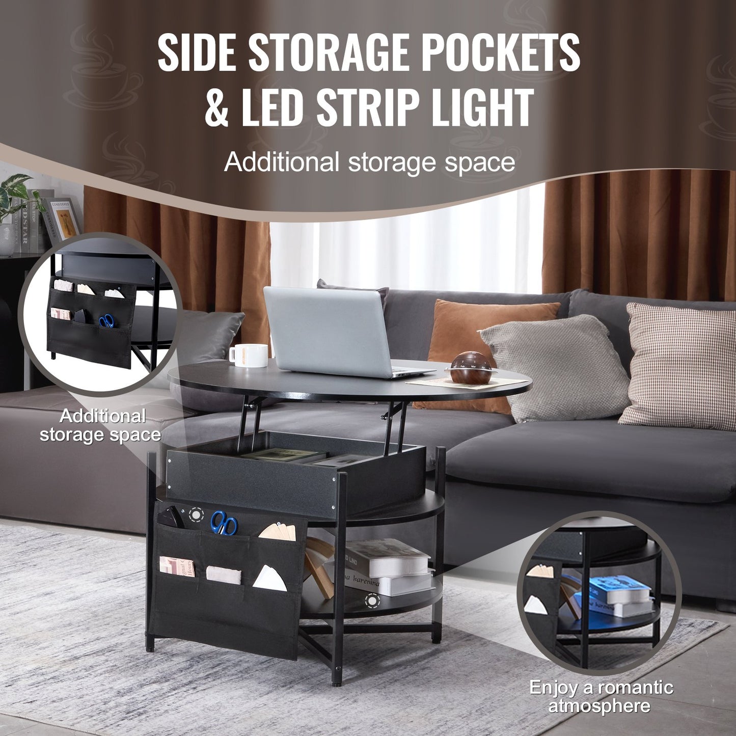 Lift Top Couchtisch 35,3" Runder Couchtisch für Wohnzimmer Schwarz