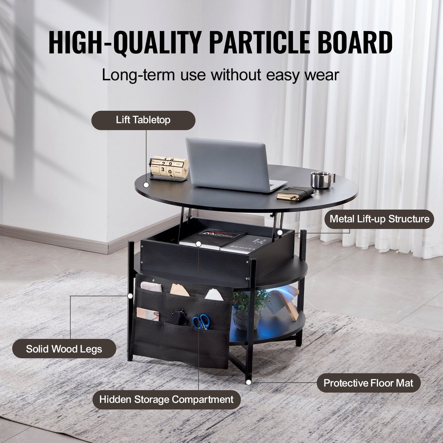 Lift Top Couchtisch 35,3" Runder Couchtisch für Wohnzimmer Schwarz