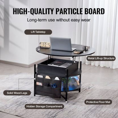 Lift Top Couchtisch 35,3" Runder Couchtisch für Wohnzimmer Schwarz