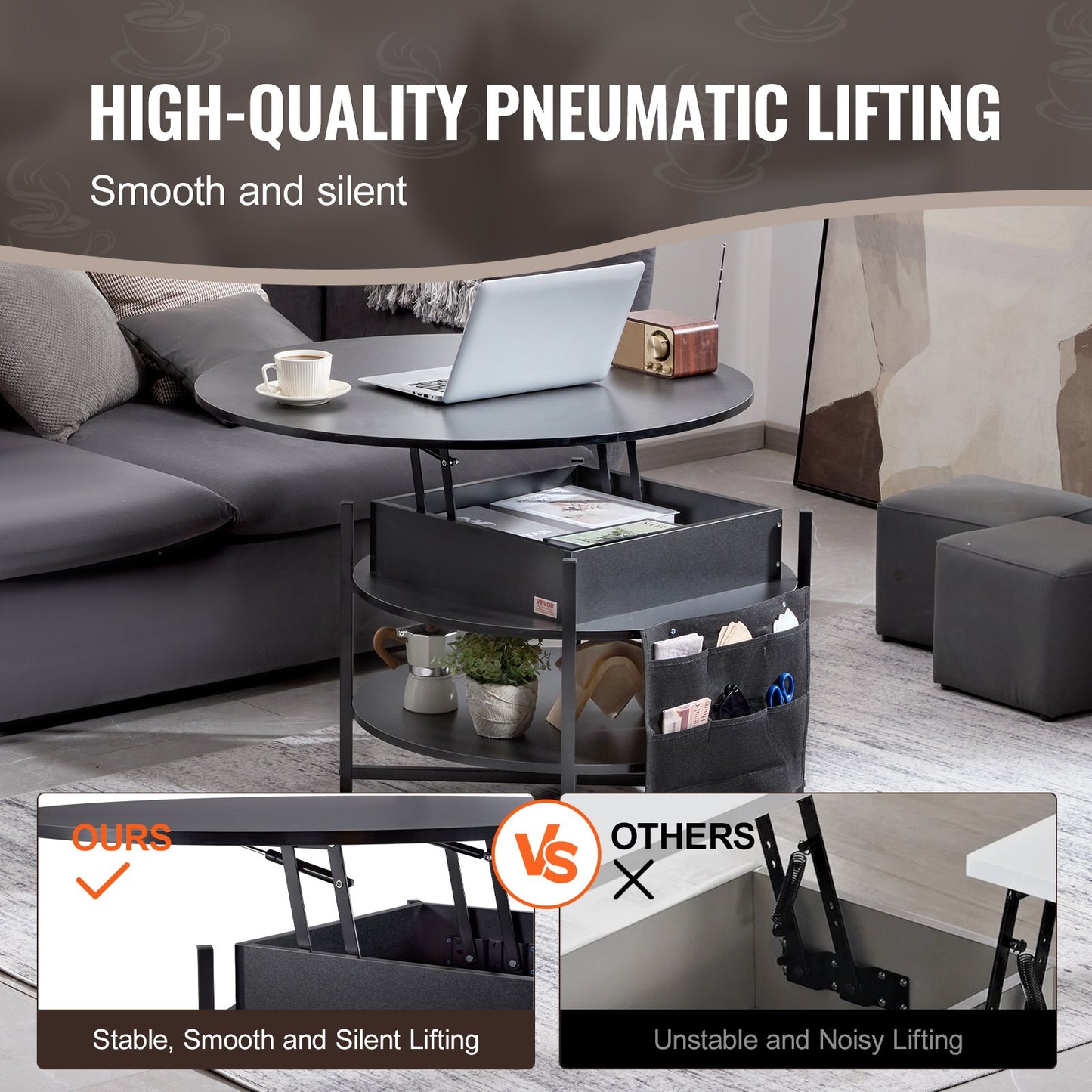 Lift Top Coffee Table, 35.3 in Round Coffee Table with Extra Storage Pockets, Pop Up Coffee Table for Living Room, Black