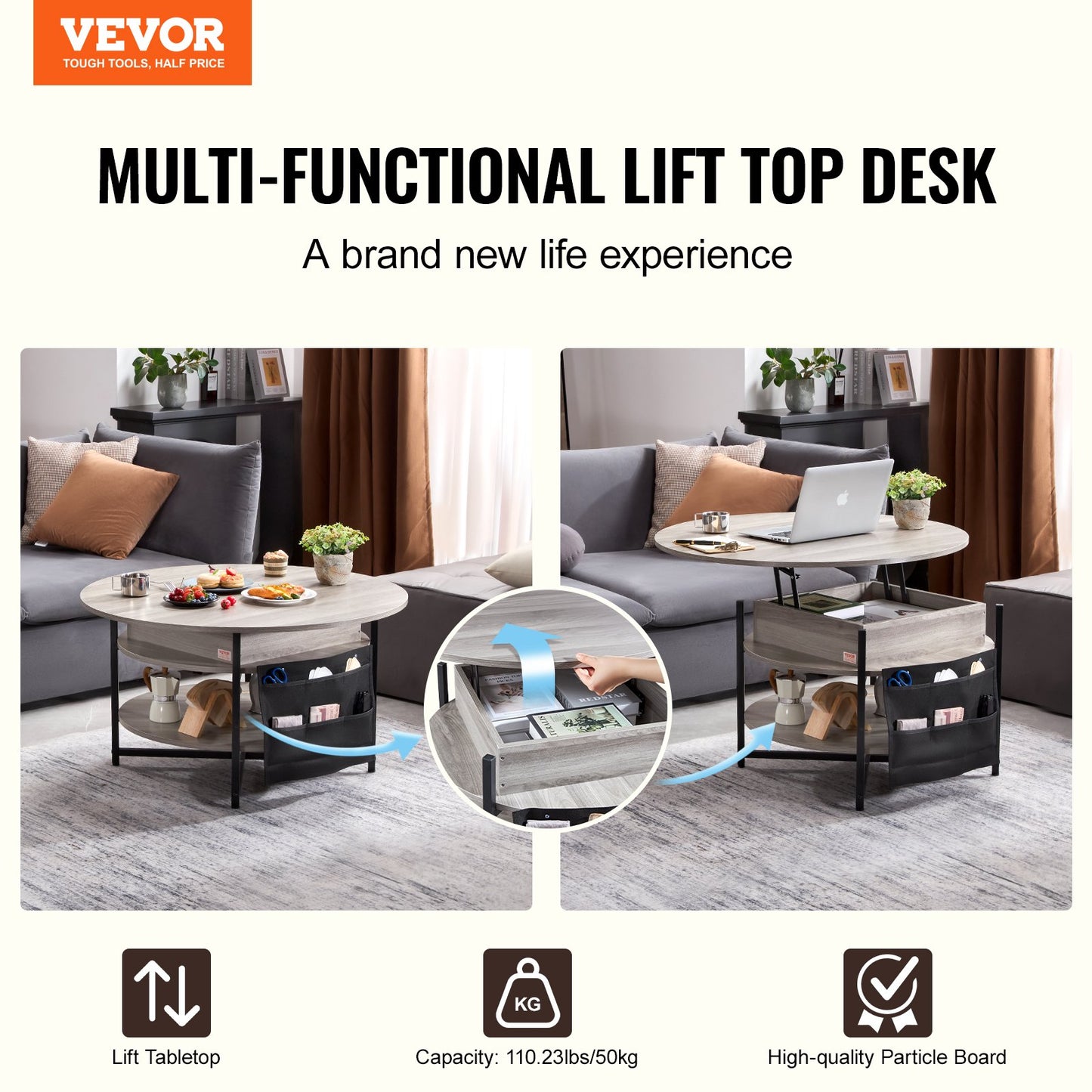 Lift Top Couchtisch 35,3" Runder Couchtisch für Wohnzimmer Weiß