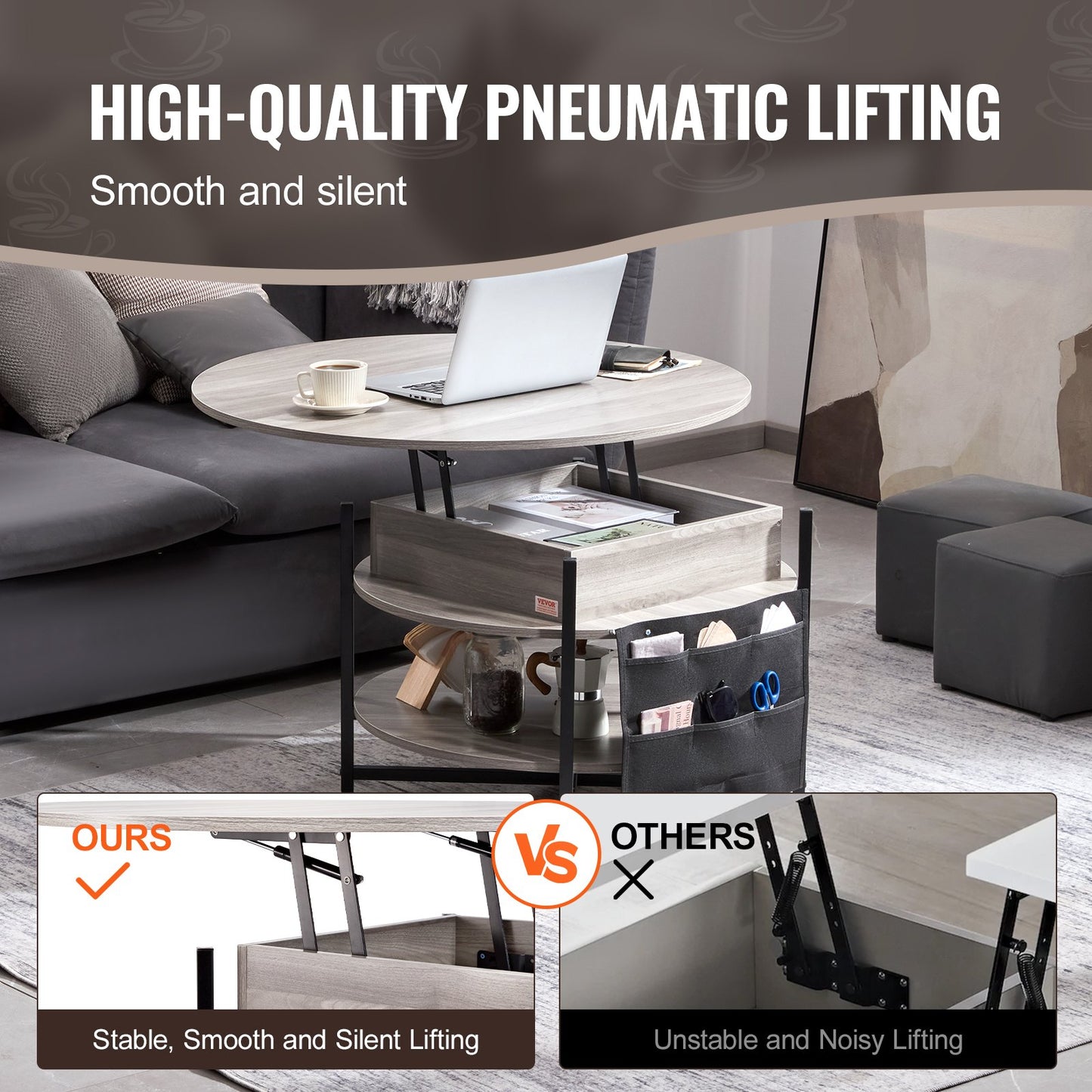 Lift Top Couchtisch 35,3" Runder Couchtisch für Wohnzimmer Weiß