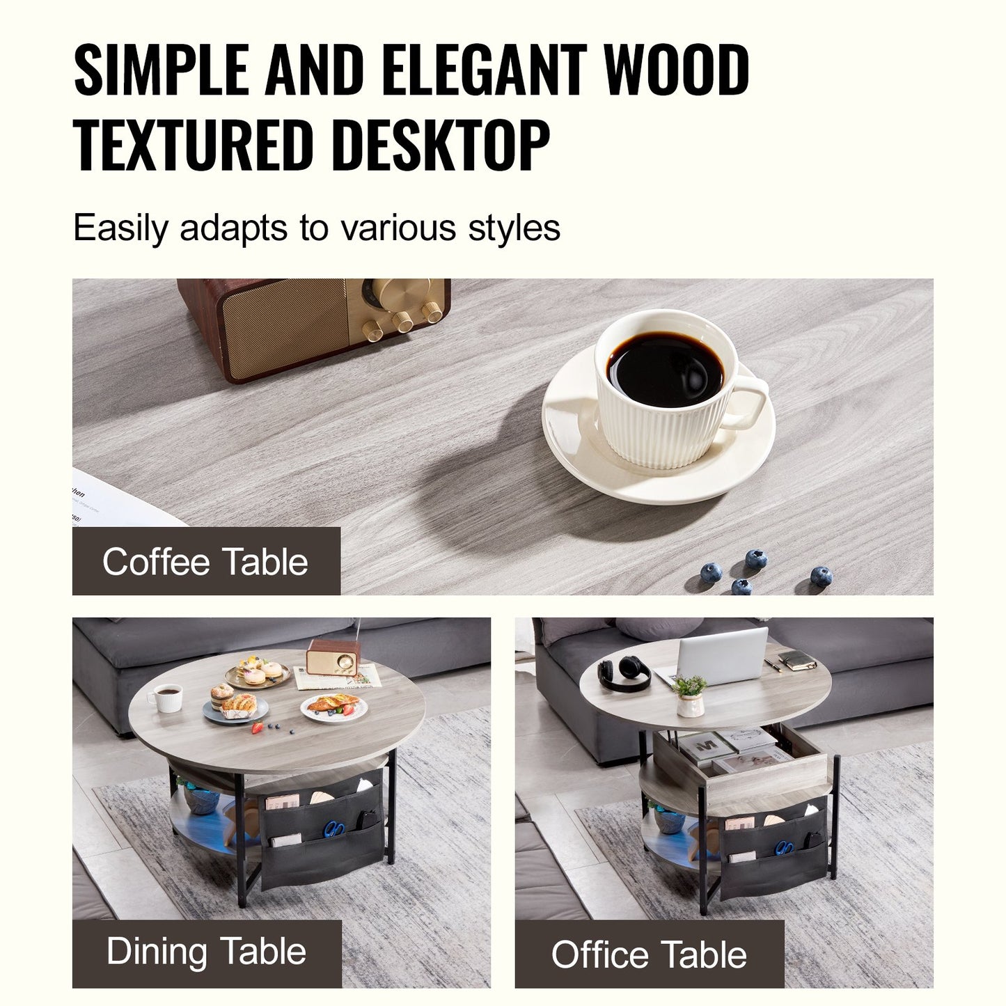 Lift Top Couchtisch 35,3" Runder Couchtisch für Wohnzimmer Weiß