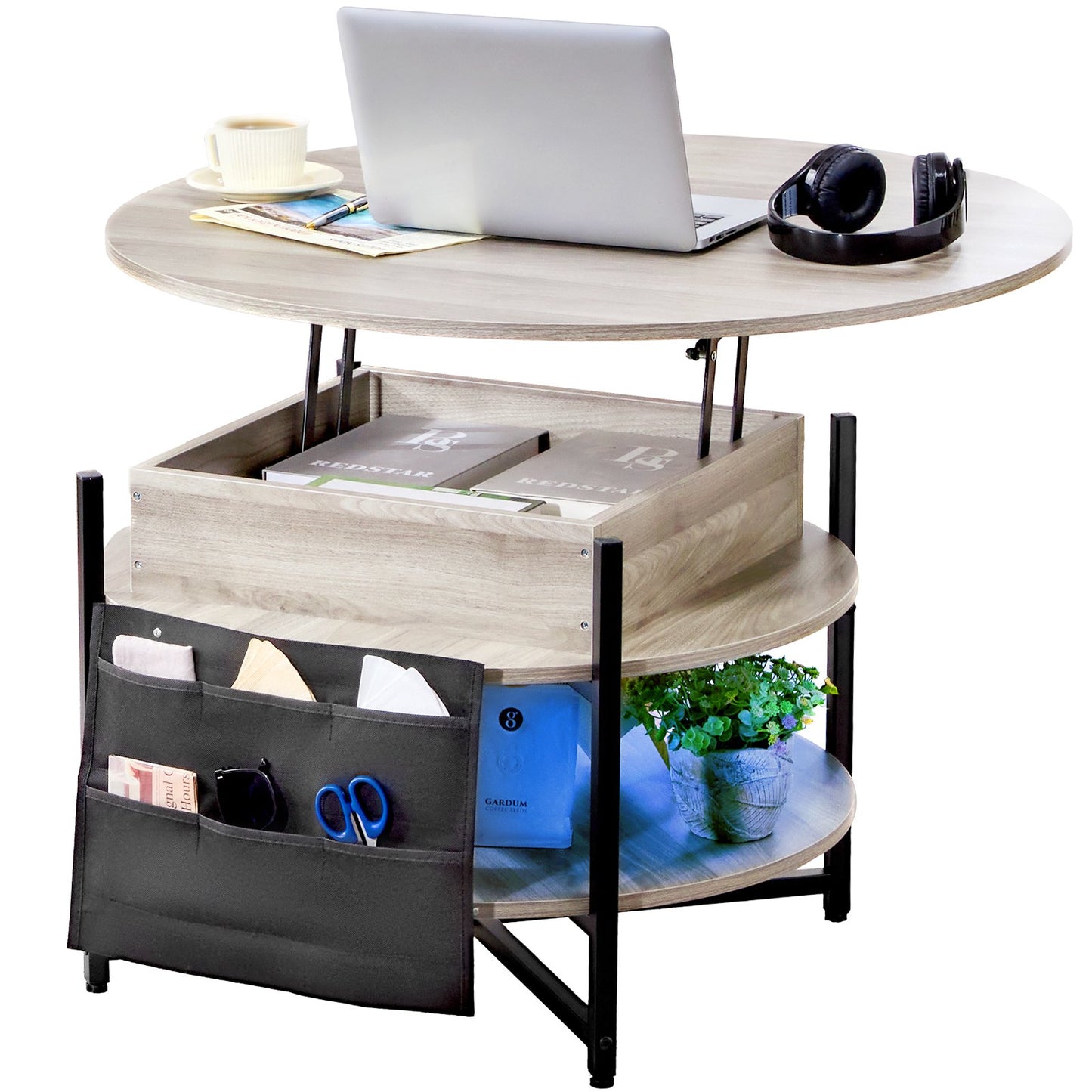 Lift Top Couchtisch 35,3" Runder Couchtisch für Wohnzimmer Weiß