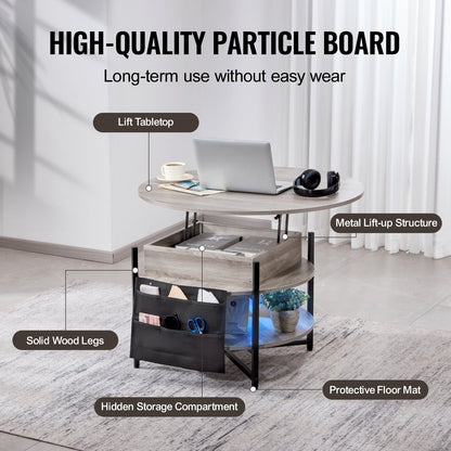 Lift Top Coffee Table, 35.3 in Round Coffee Table with Extra Storage Pockets, Pop Up Coffee Table for Living Room, White