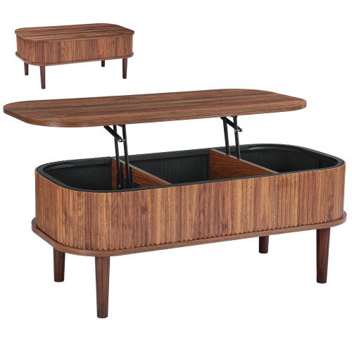 39.4 in Lift Top Coffee Table, Fluted Oval Coffee Table with 3 Hidden Compartment, Mid Century Wooden Oval Center Desk with Storage, Lift Up Tabletop for Home & Office, Easy Assembly, Walnut