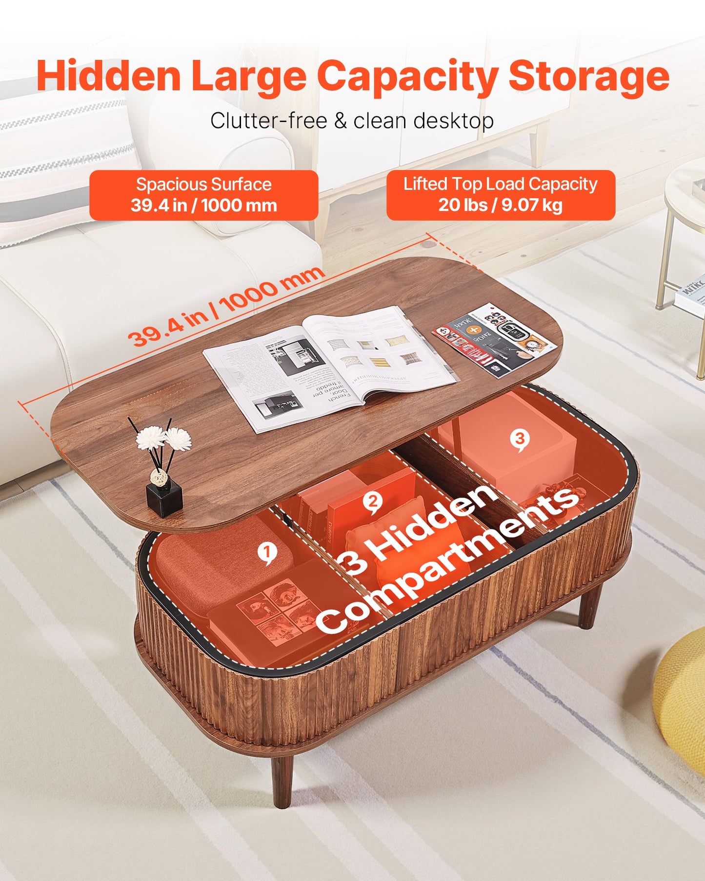 39.4 in Lift Top Coffee Table, Fluted Oval Coffee Table with 3 Hidden Compartment, Mid Century Wooden Oval Center Desk with Storage, Lift Up Tabletop for Home & Office, Easy Assembly, Walnut