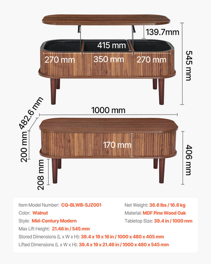 39.4 in Lift Top Coffee Table, Fluted Oval Coffee Table with 3 Hidden Compartment, Mid Century Wooden Oval Center Desk with Storage, Lift Up Tabletop for Home & Office, Easy Assembly, Walnut