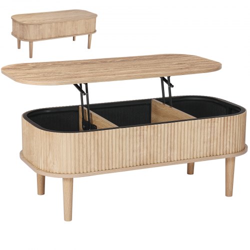 39.4 in Lift Top Coffee Table, Fluted Oval Coffee Table with 3 Hidden Compartment, Mid Century Wooden Oval Center Desk with Storage, Lift Up Tabletop for Home & Office, Easy Assembly, Burlywood