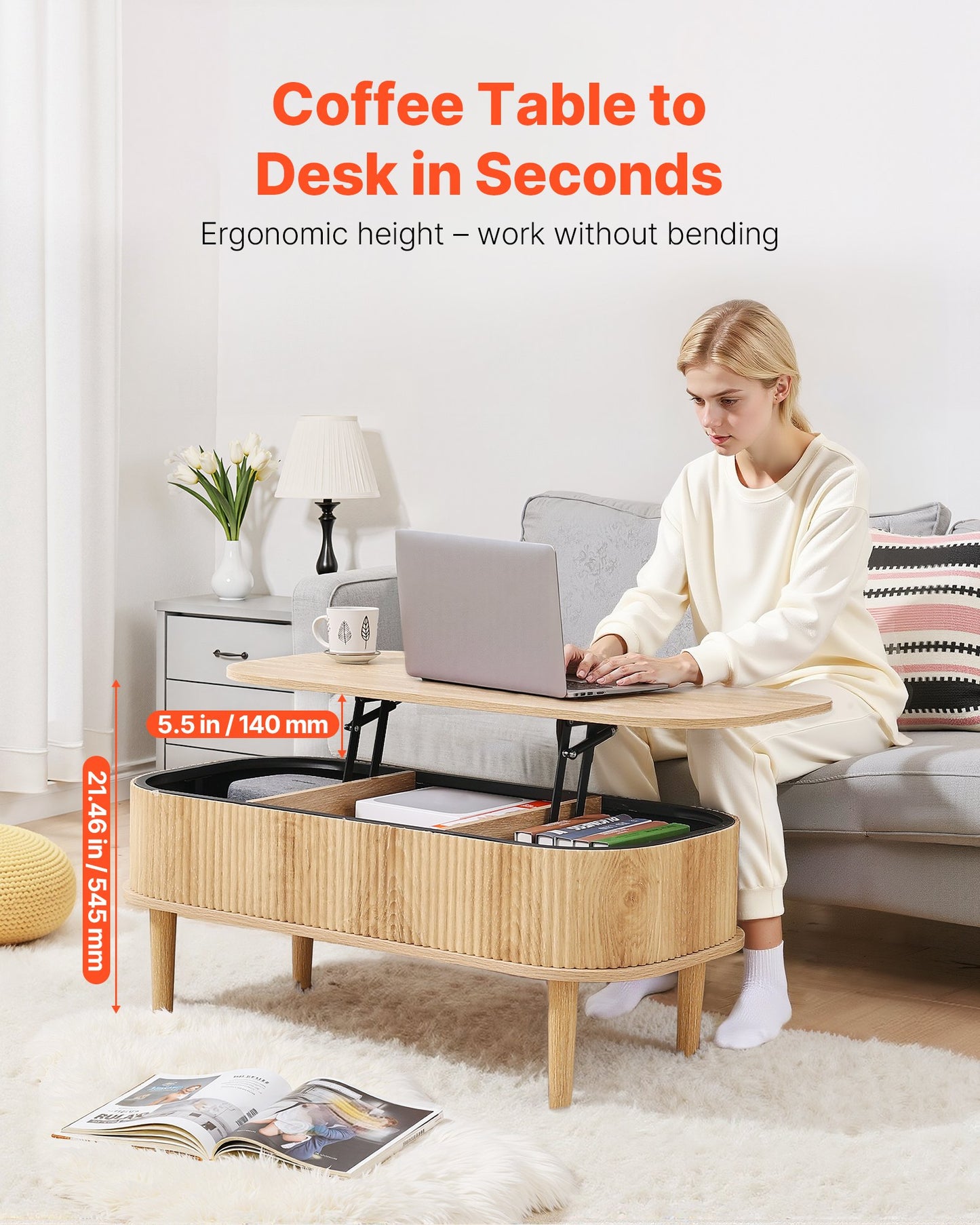 39.4 in Lift Top Coffee Table, Fluted Oval Coffee Table with 3 Hidden Compartment, Mid Century Wooden Oval Center Desk with Storage, Lift Up Tabletop for Home & Office, Easy Assembly, Burlywood
