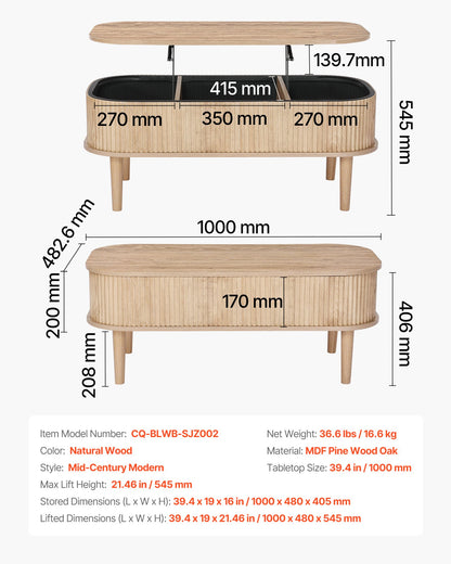 39.4 in Lift Top Coffee Table, Fluted Oval Coffee Table with 3 Hidden Compartment, Mid Century Wooden Oval Center Desk with Storage, Lift Up Tabletop for Home & Office, Easy Assembly, Burlywood