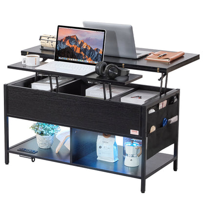 Lift Top Couchtisch 39,4" Rechteckiger Couchtisch mit Licht &amp; USB Schwarz