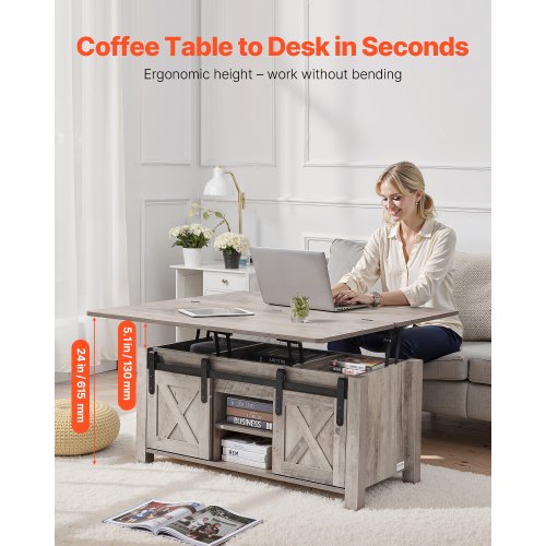 1000 mm lyftbart soffbord i lantlig stil, rustikt mittbord med ladugårdsdörr och dolt förvaringsfack, modern rektangulär lyftbar bordsskiva för vardagsrum, kontor, hem, enkel montering, ek |  EU