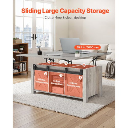 1000 mm lyftbart soffbord i lantlig stil, rustikt mittbord med ladugårdsdörr och dolt förvaringsfack, modern rektangulär lyftbar bordsskiva för vardagsrum, kontor, hem, enkel montering, ek |  EU