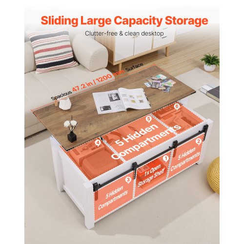 1200 mm lyftbart soffbord i lantlig stil, rustikt mittbord med ladugårdsdörr och dolt förvaringsfack, modern rektangulär lyftbar bordsskiva för vardagsrum, kontor, hem, enkel montering, vit |  EU