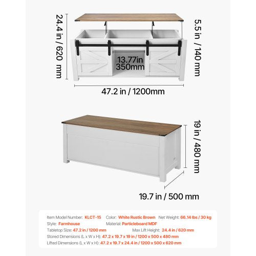 1200 mm lyftbart soffbord i lantlig stil, rustikt mittbord med ladugårdsdörr och dolt förvaringsfack, modern rektangulär lyftbar bordsskiva för vardagsrum, kontor, hem, enkel montering, vit |  EU