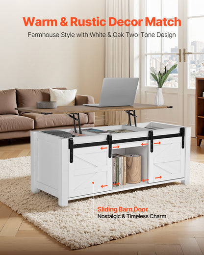 47.2 in Farmhouse Lift Top Coffee Table, Rustic Center Table with Barn Door and Hidden Storage Compartment, Modern Rectangle Lifting Tabletop for Living Room, Office, Home, Easy Assembly, White