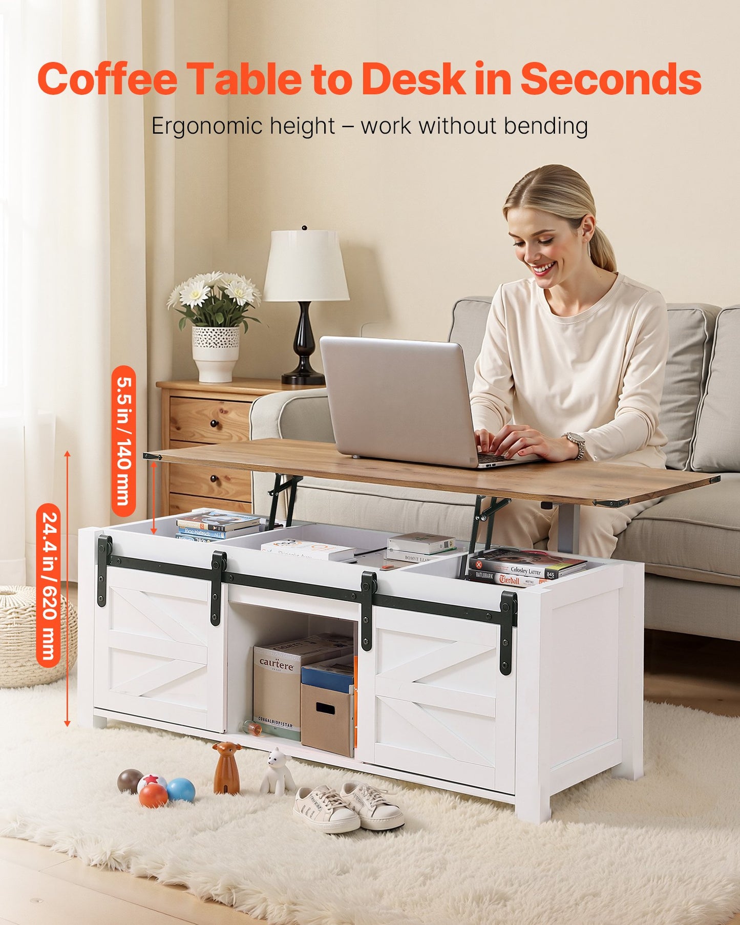 47.2 in Farmhouse Lift Top Coffee Table, Rustic Center Table with Barn Door and Hidden Storage Compartment, Modern Rectangle Lifting Tabletop for Living Room, Office, Home, Easy Assembly, White