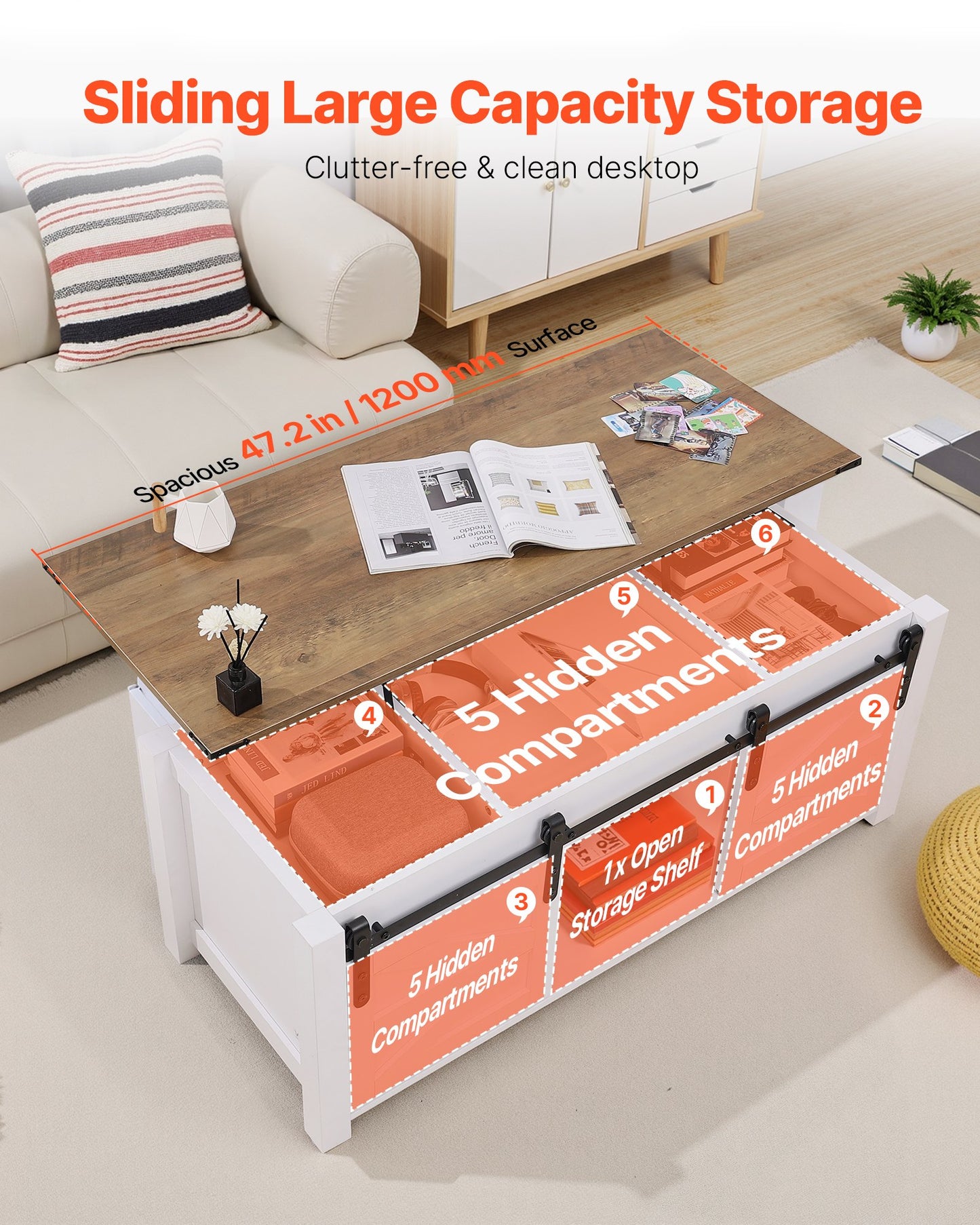 47.2 in Farmhouse Lift Top Coffee Table, Rustic Center Table with Barn Door and Hidden Storage Compartment, Modern Rectangle Lifting Tabletop for Living Room, Office, Home, Easy Assembly, White