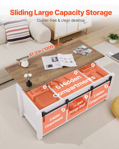 47.2 in Farmhouse Lift Top Coffee Table, Rustic Center Table with Barn Door and Hidden Storage Compartment, Modern Rectangle Lifting Tabletop for Living Room, Office, Home, Easy Assembly, White