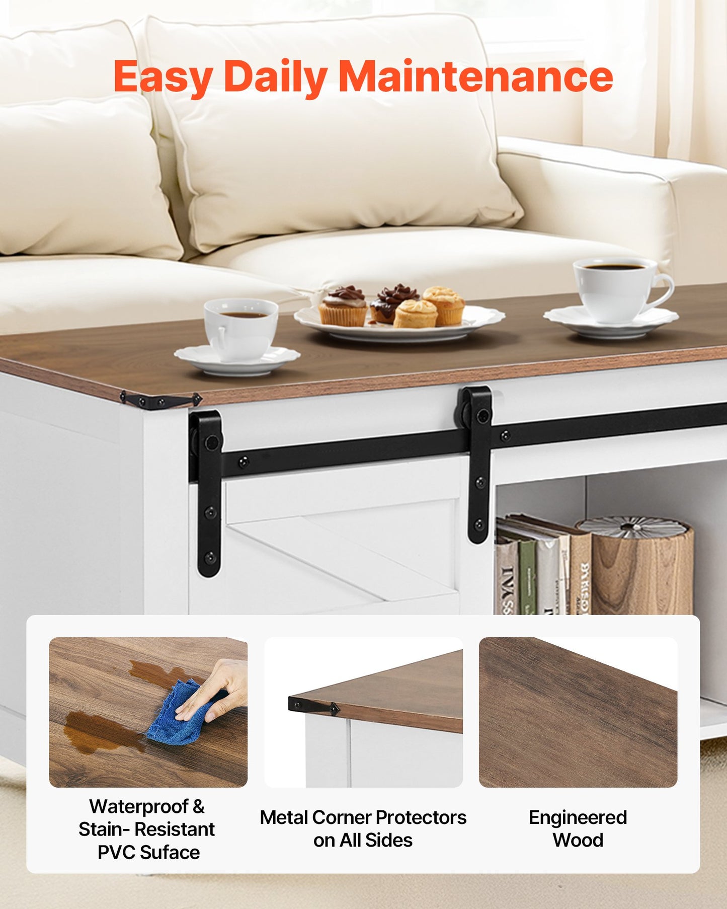 47.2 in Farmhouse Lift Top Coffee Table, Rustic Center Table with Barn Door and Hidden Storage Compartment, Modern Rectangle Lifting Tabletop for Living Room, Office, Home, Easy Assembly, White