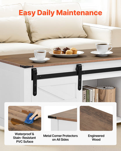 47.2 in Farmhouse Lift Top Coffee Table, Rustic Center Table with Barn Door and Hidden Storage Compartment, Modern Rectangle Lifting Tabletop for Living Room, Office, Home, Easy Assembly, White