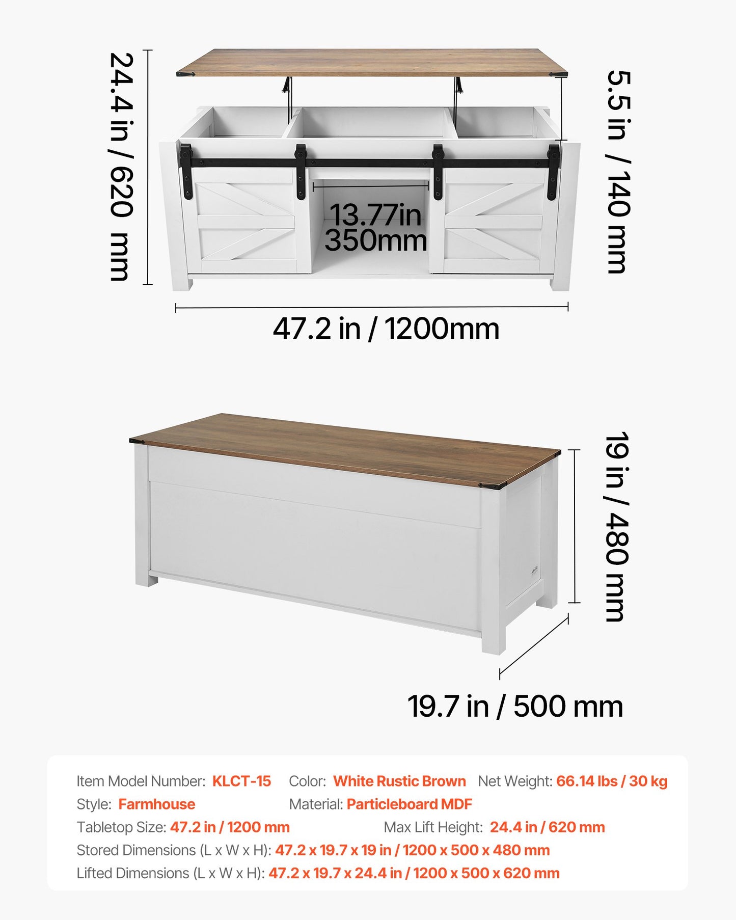 47.2 in Farmhouse Lift Top Coffee Table, Rustic Center Table with Barn Door and Hidden Storage Compartment, Modern Rectangle Lifting Tabletop for Living Room, Office, Home, Easy Assembly, White