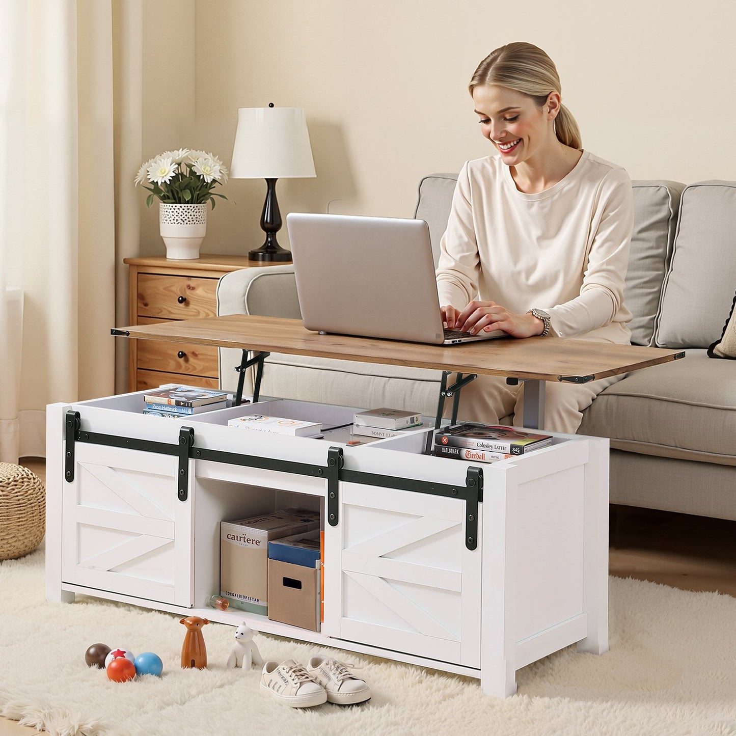 47.2 in Farmhouse Lift Top Coffee Table, Rustic Center Table with Barn Door and Hidden Storage Compartment, Modern Rectangle Lifting Tabletop for Living Room, Office, Home, Easy Assembly, White