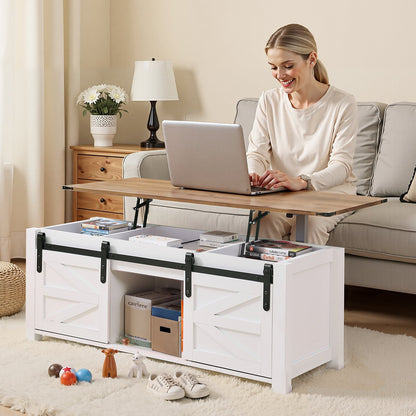 47.2 in Farmhouse Lift Top Coffee Table, Rustic Center Table with Barn Door and Hidden Storage Compartment, Modern Rectangle Lifting Tabletop for Living Room, Office, Home, Easy Assembly, White