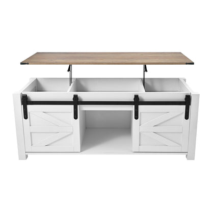 47.2 in Farmhouse Lift Top Coffee Table, Rustic Center Table with Barn Door and Hidden Storage Compartment, Modern Rectangle Lifting Tabletop for Living Room, Office, Home, Easy Assembly, White